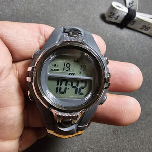 Mens digital quartz sports watch dark gray silver accents rubber/plastic working